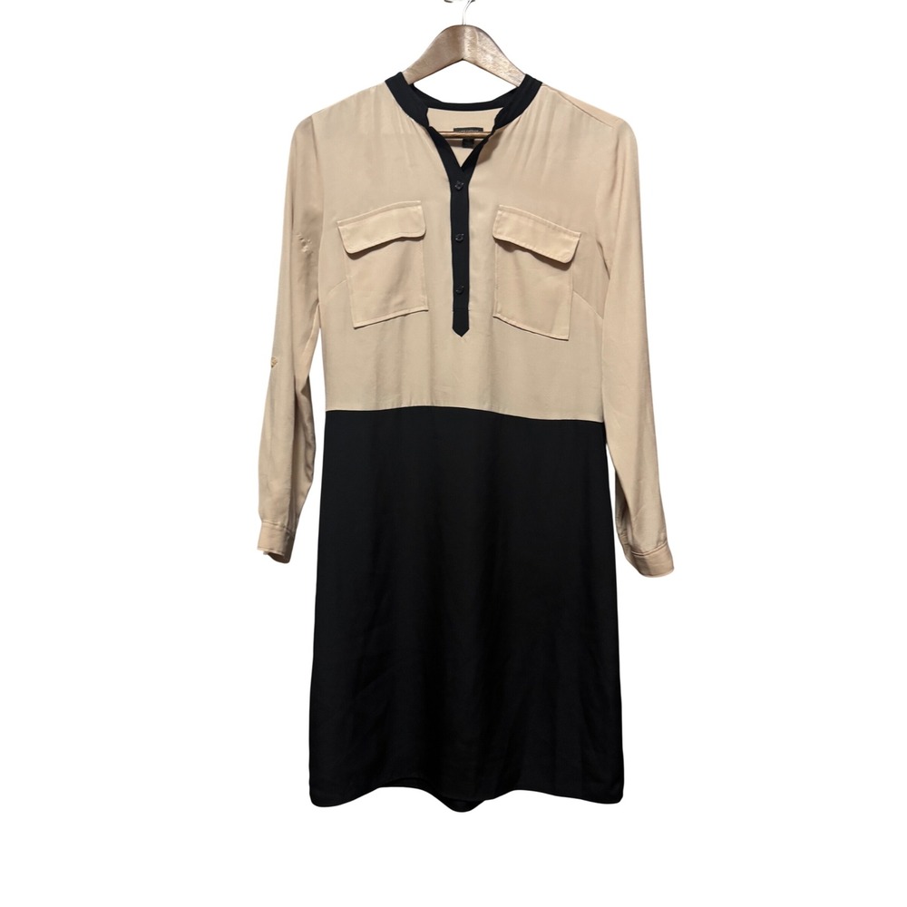 Ann Taylor Colorblock Shift Dress Women 6 Beige Black Good Roll Tab Sleeve